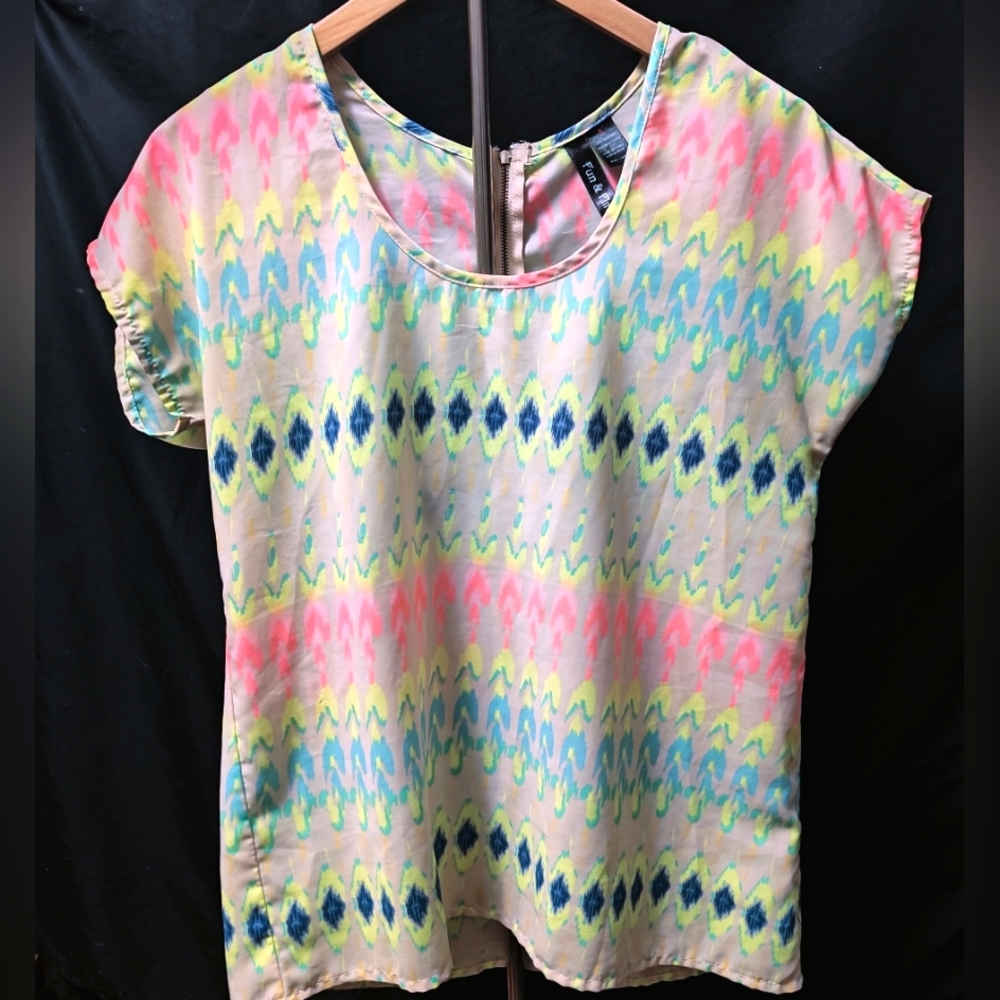 Vintage Fun & Flirt Neon Psychedelic Print Top Sz S